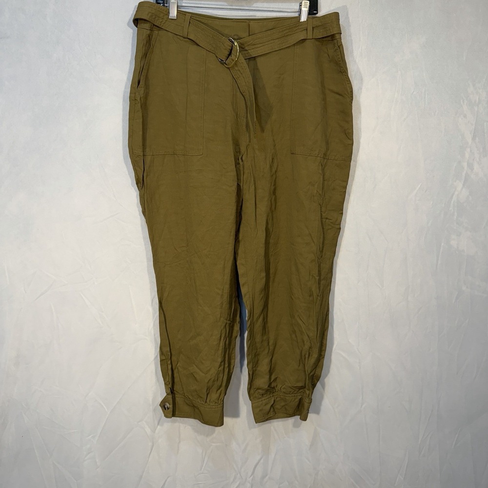 Express Rayon Linen Ankle High Rise Baggy Pants Mustard‎ Green S 14R Belted